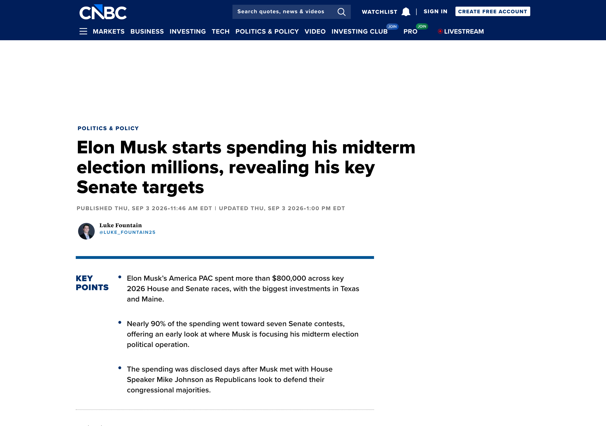 CNBC:马斯克启动中期选举支出,锁定参议院关键目标