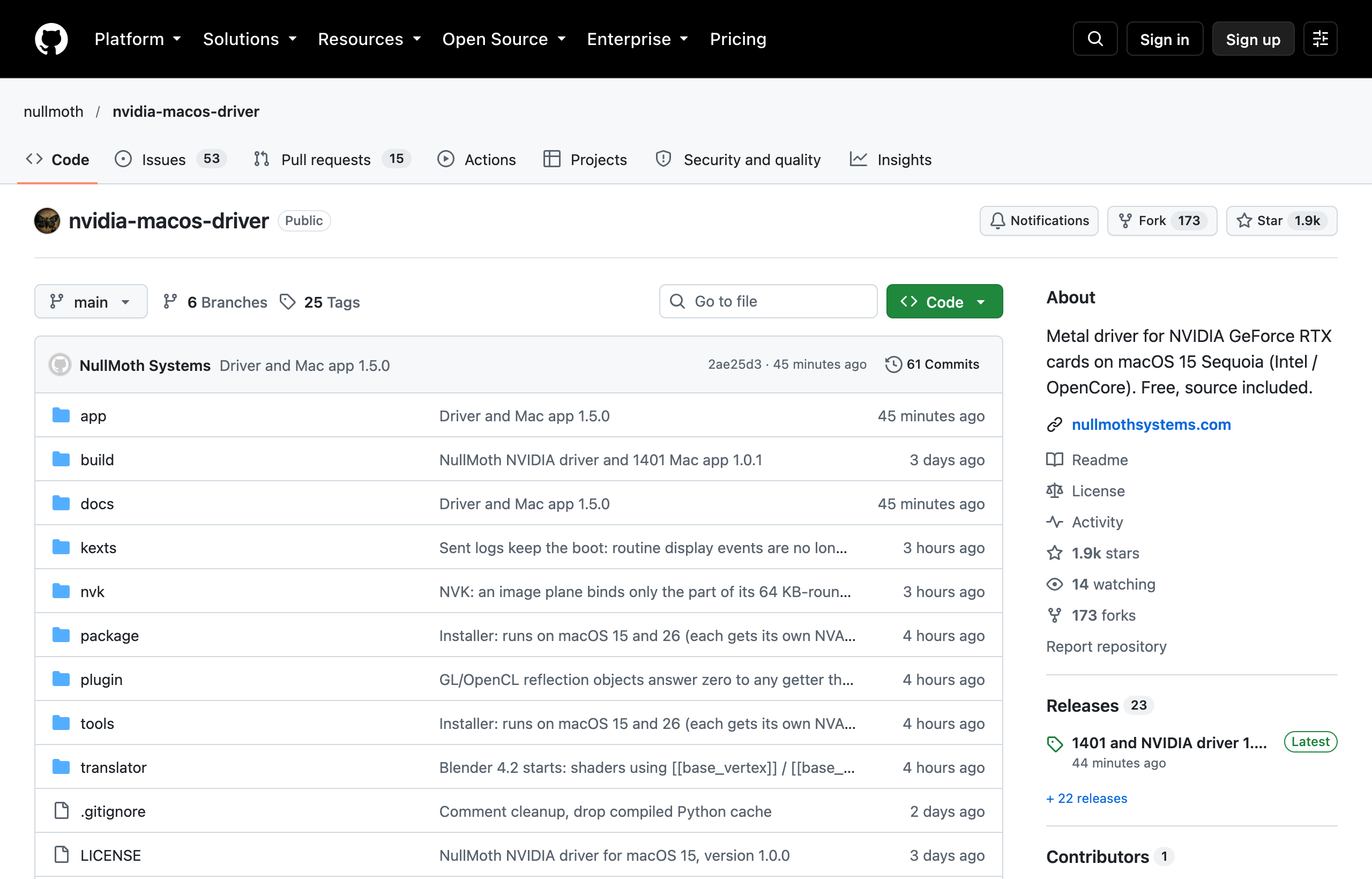 GitHub 仓库页面：nullmoth/nvidia-macos-driver